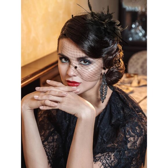 Women Mesh Fascinator Hats Set Veil Feather Headbands for Wedding Party - Picture 4 of 7